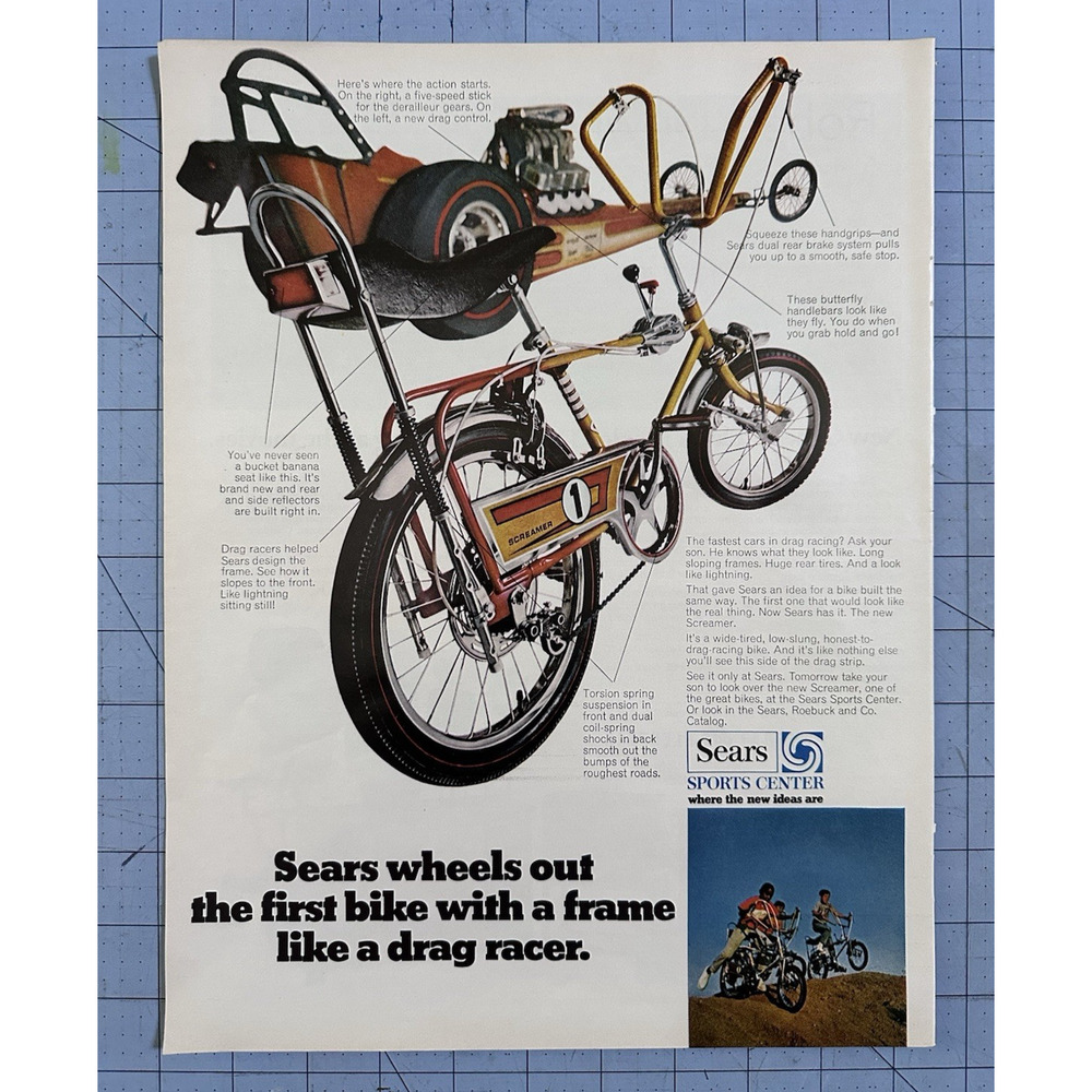 1969 Sears Sports Screamer Bike Five Speed Stick Handgrips Bicycle Vtg Print Ad